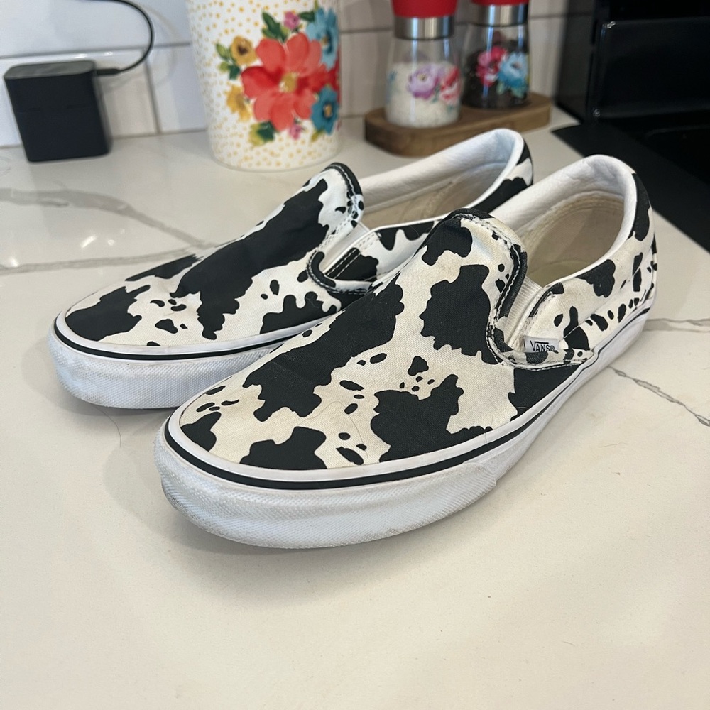 Vans Black and White Cow Pattern Slip-Ons